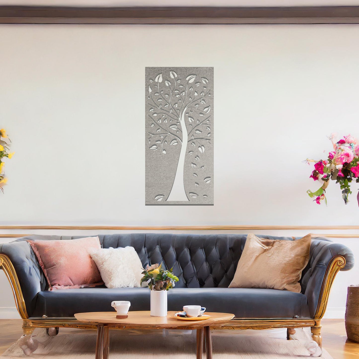 Tree Silhouette Metal Wall Art Decor: Captivating Leaf Cutouts in Frame