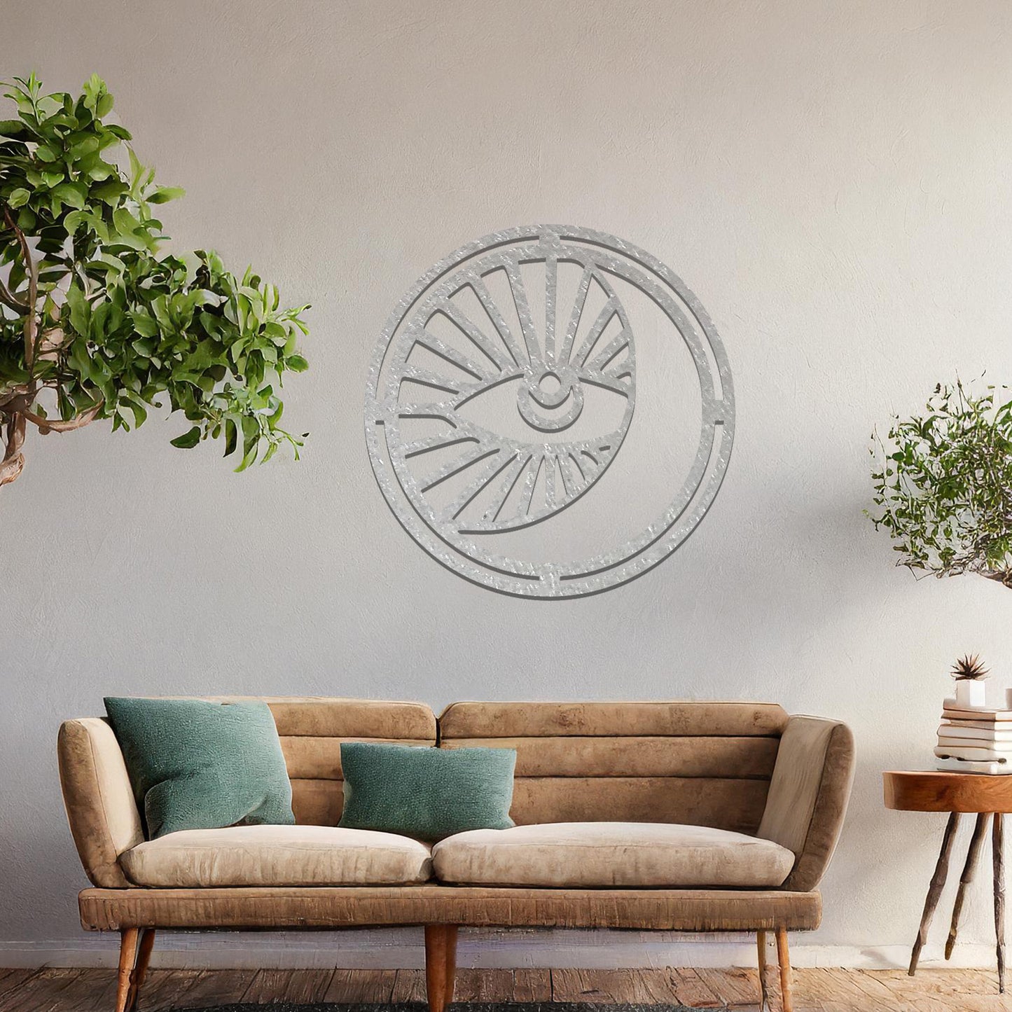 Geometric Moon and Sun Wall Art: Modern Celestial Decor in Circular Frame