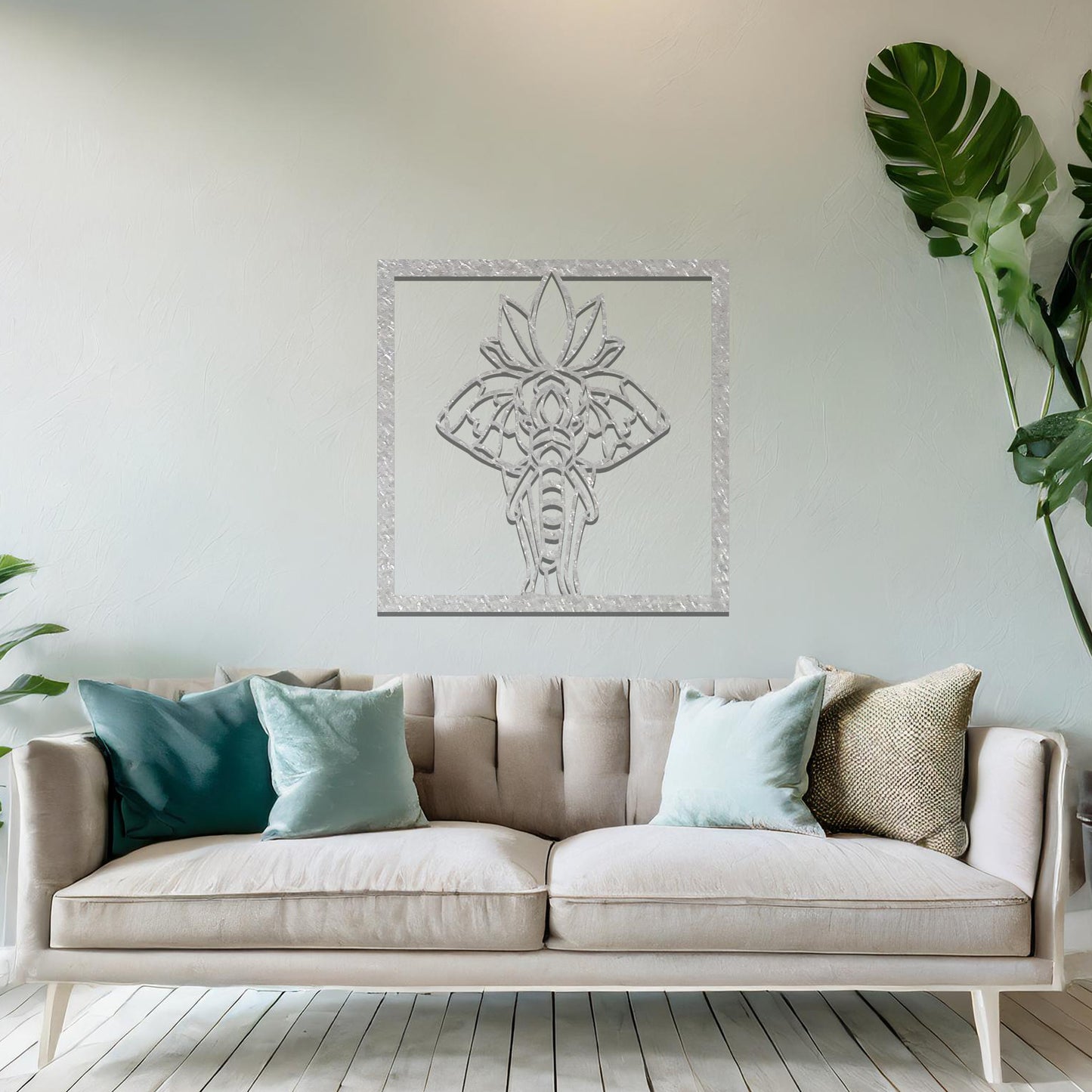 Hindu Elephant Framed Metal Wall Art: Serene Spiritual Decor