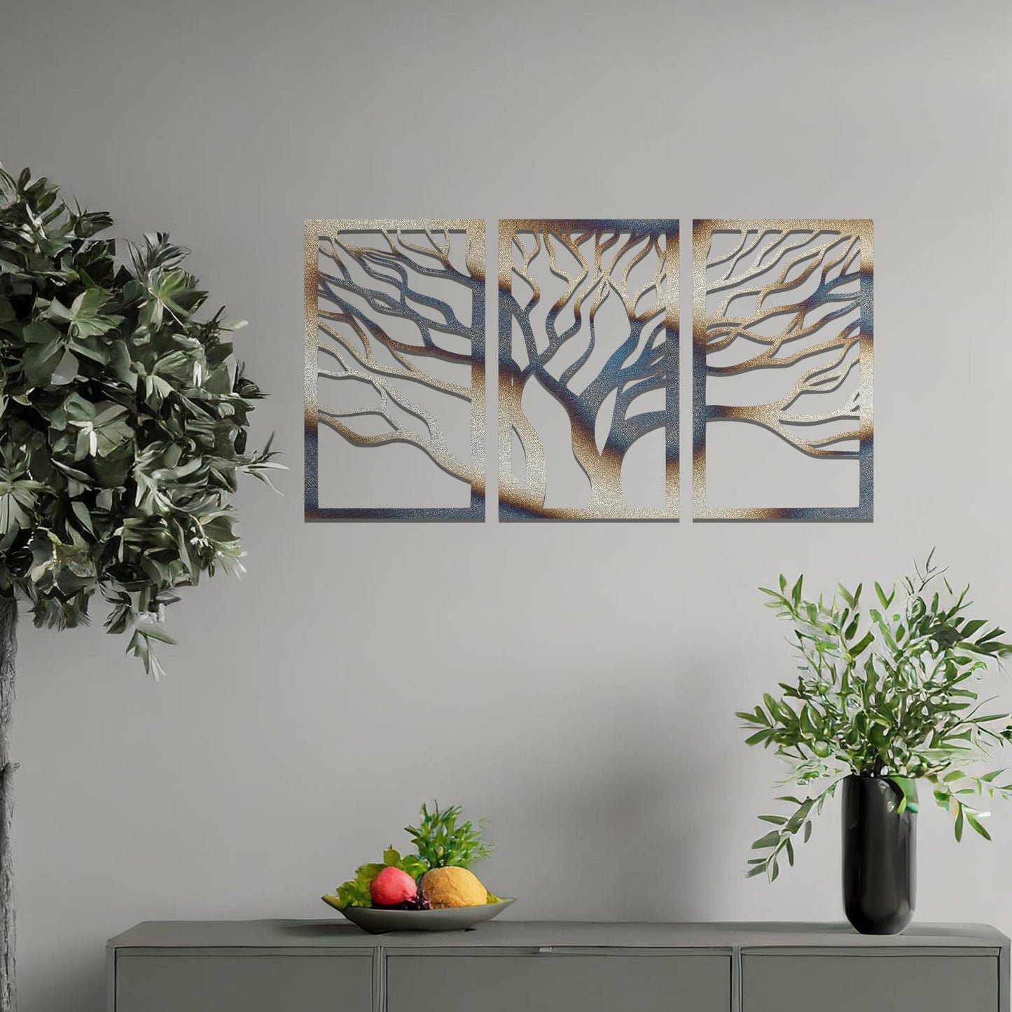 Tree Silhouette Triptych Metal Hanging Wall Art: Contemporary Tree of Life Decor Set