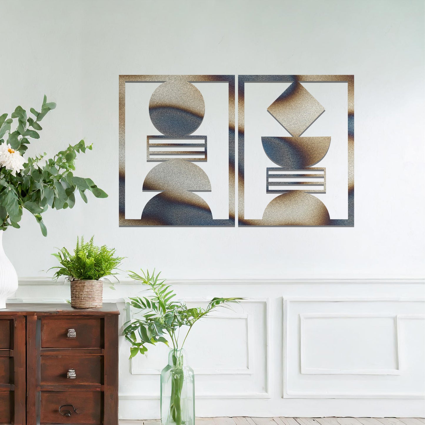 Twin Metal Panel Wall Art: Up and Down Geometric Contemporary Hanging Decor