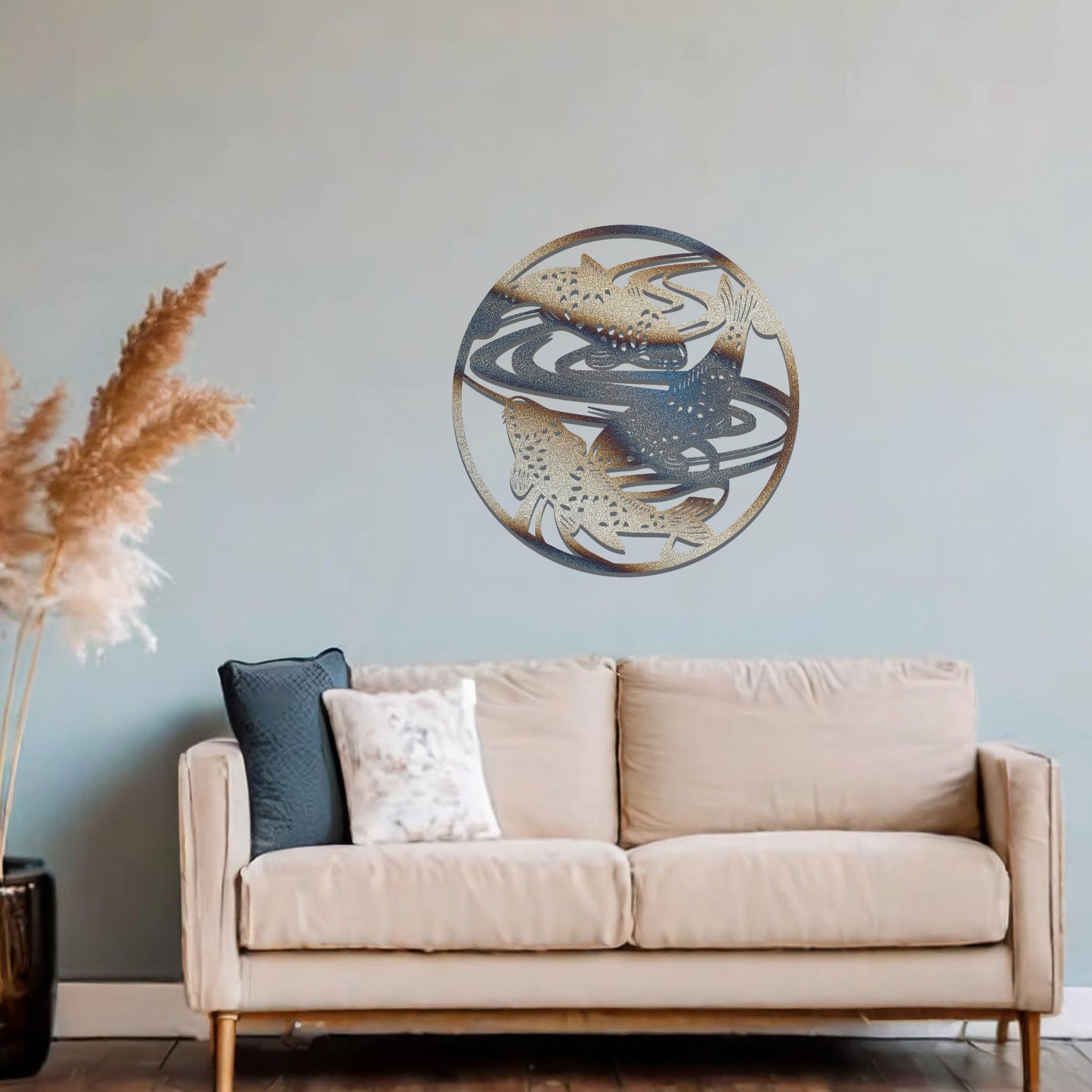 Modern Metal Koi Fish Wall Art: Elegant Trio Swimming in Frame