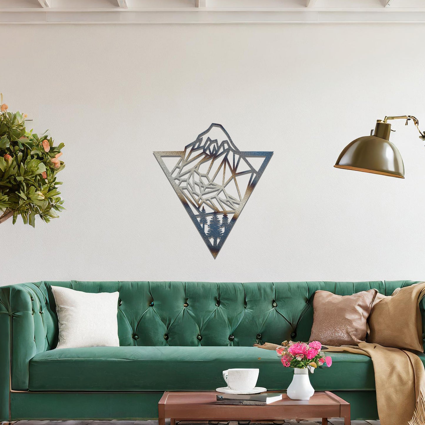 Geometric Mountain and Forest Metal Wall Art: Triangular Contemporary Decor