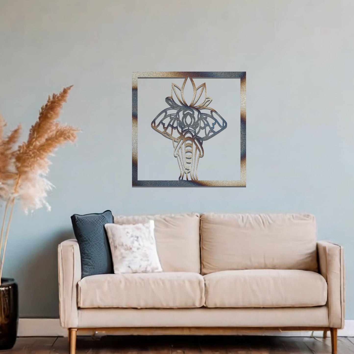 Hindu Elephant Framed Metal Wall Art: Serene Spiritual Decor