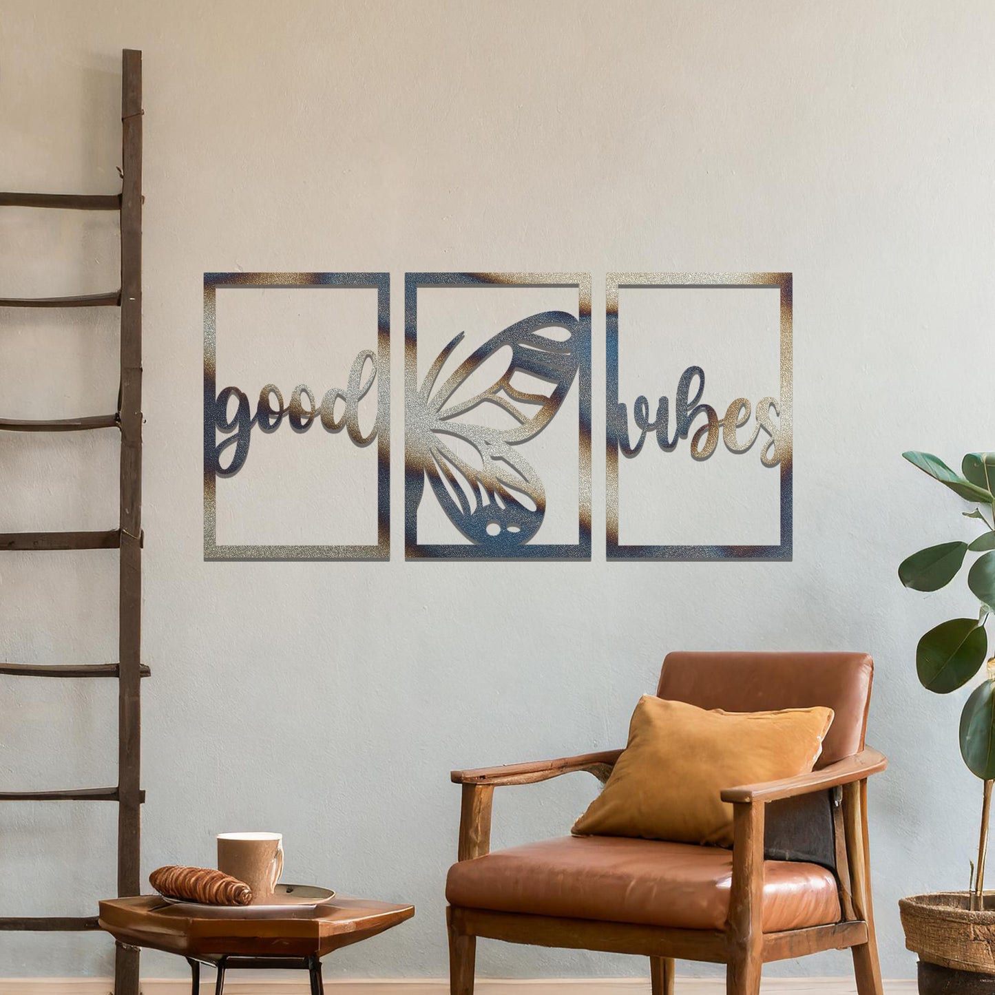 Good Vibes Metal Wall Art Set - Modern 3 Panels with Butterfly Design