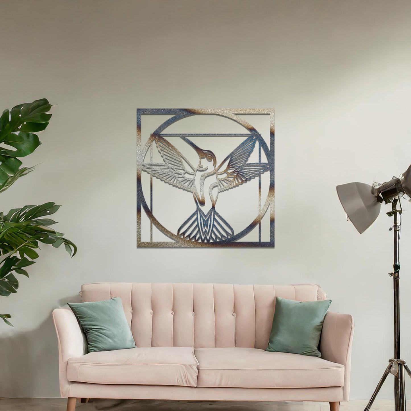 Geometric Hummingbird Metal Wall Art - Modern Square Frame Decor