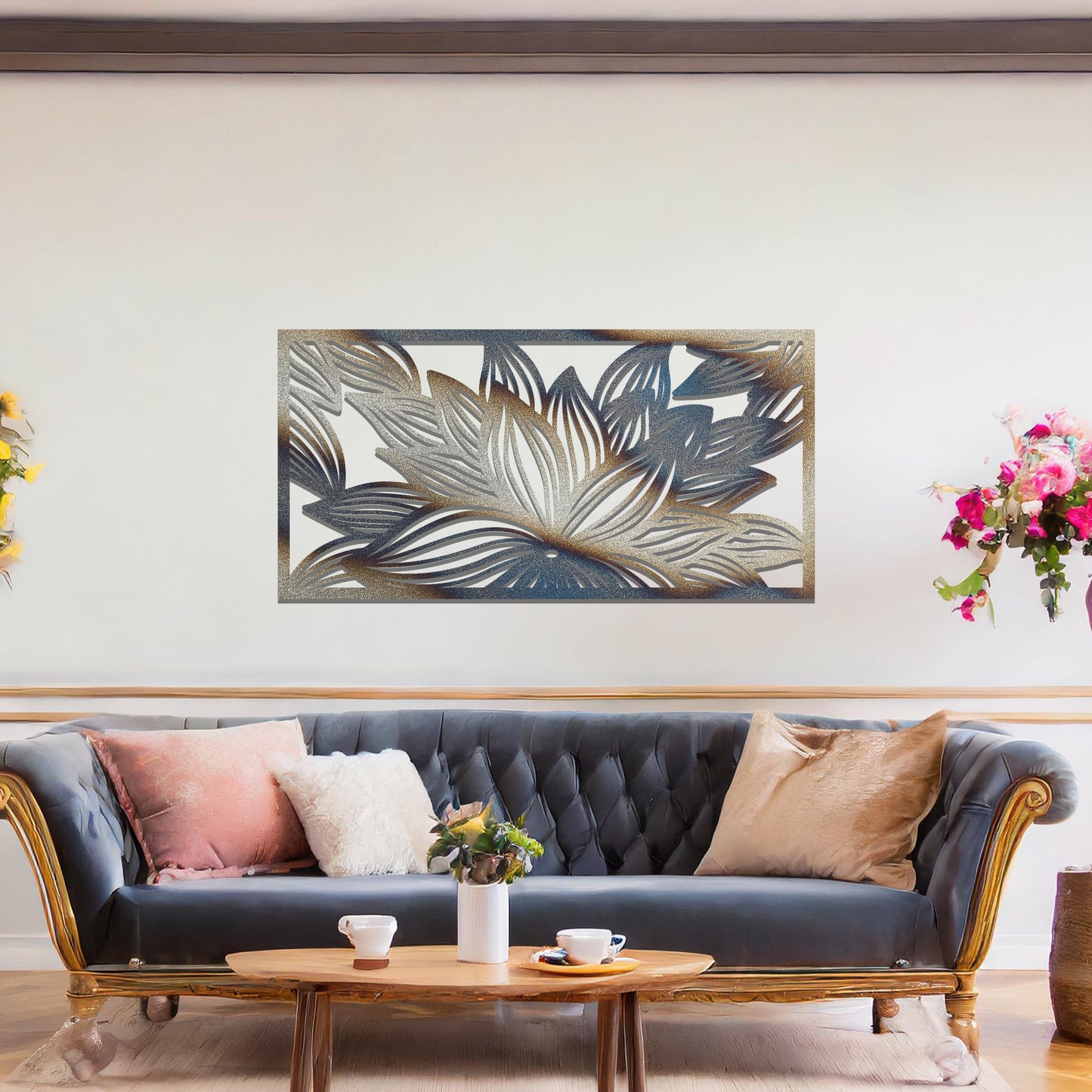 Decorative Metal Flower Pattern Wall Hanging Art: Timeless Floral Elegance in Frame