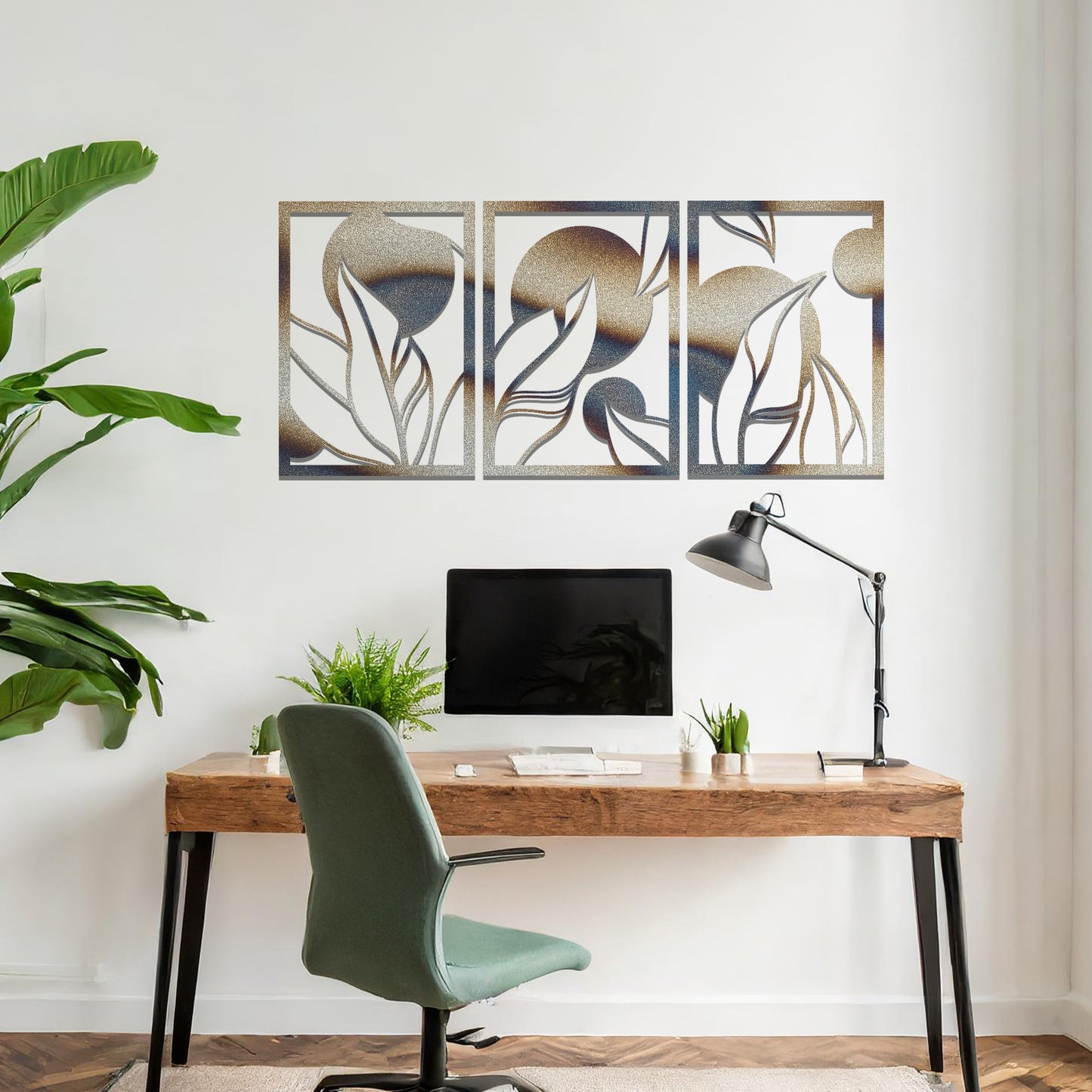 Modern Trio of Leaves Metal Panels: Elegant Contemporary Wall Art