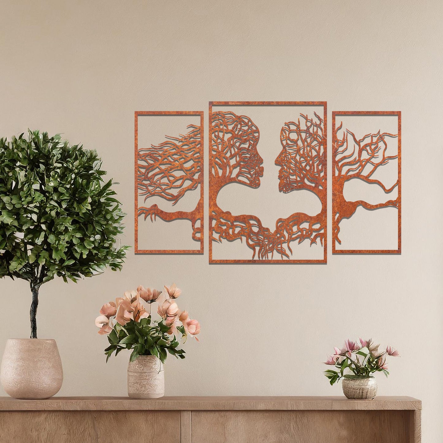 Amazing Metal Wall Art Decoration Tree of Life Faces, 3 Panel in Frame