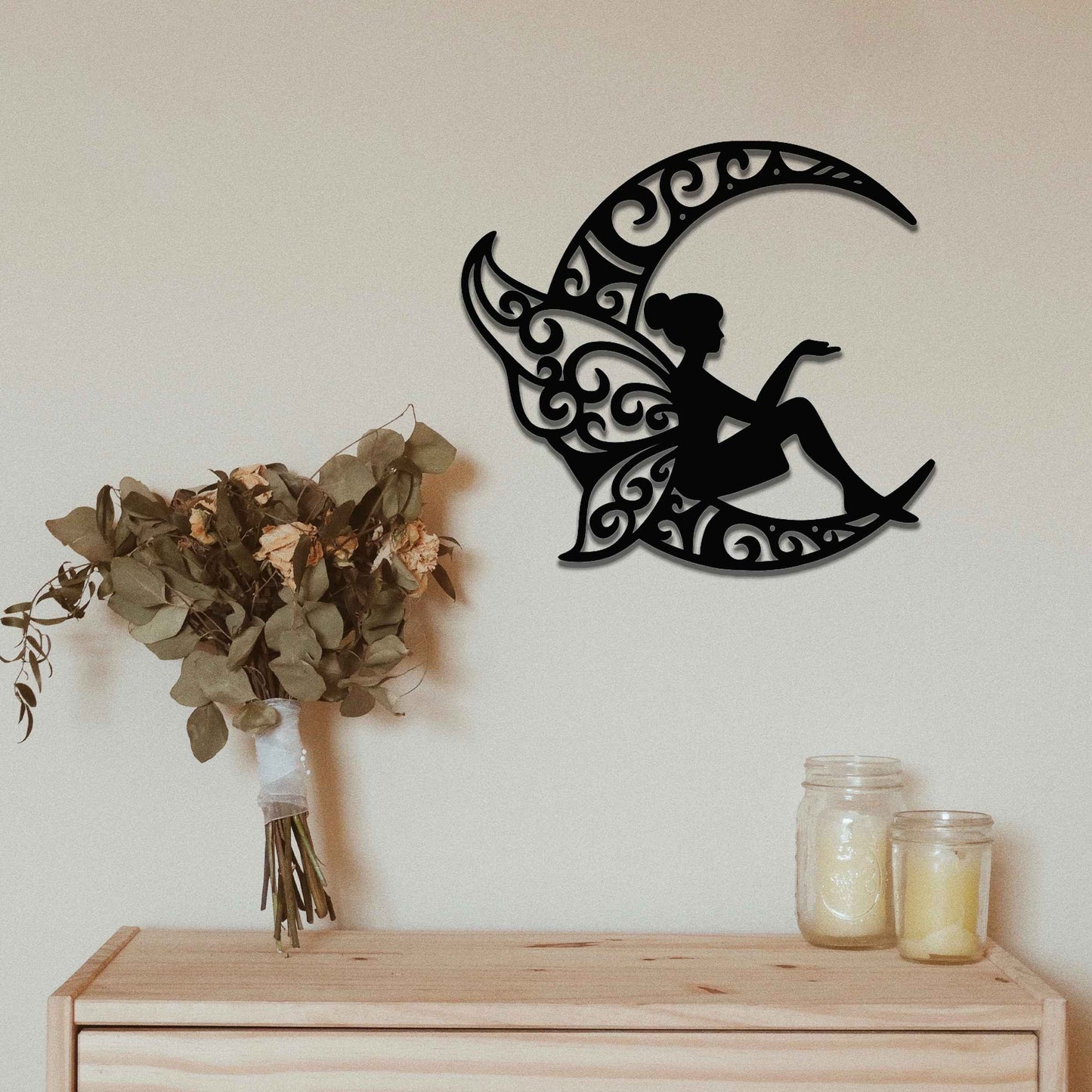 Metal Fairy on Moon Wall Art, Mandala Fairy Wall Decor, Rusted Metal Decor