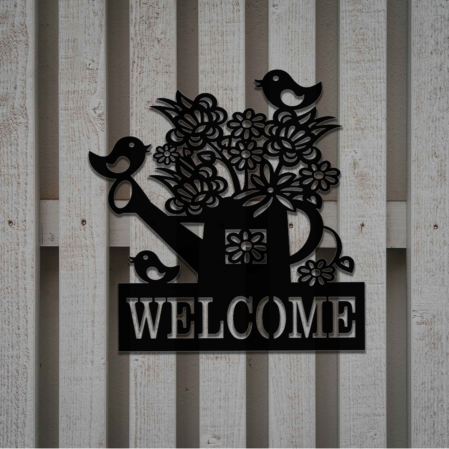 Rusted Metal Welcome Sign, Rusted Watering Can with Birds and Flowers