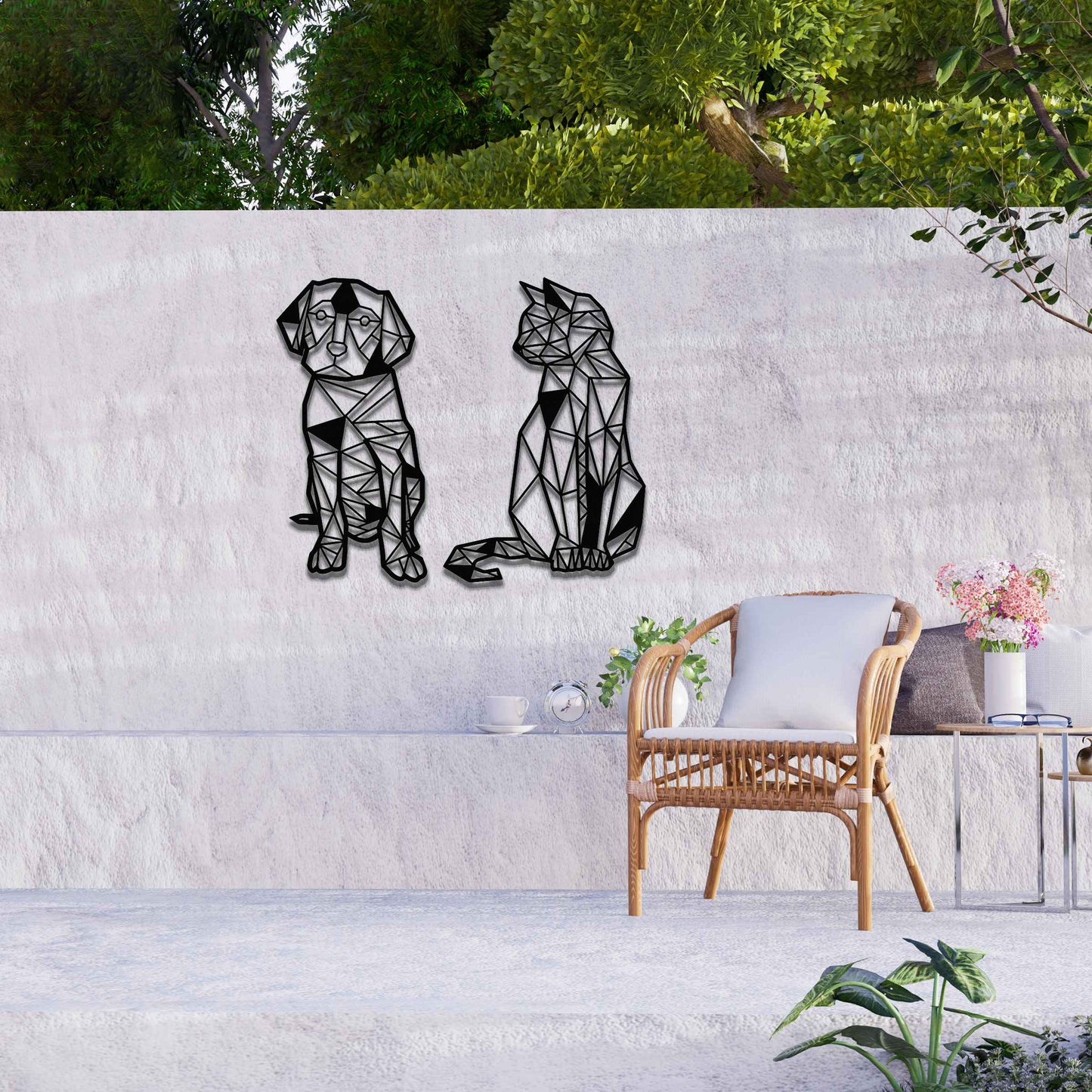 Geometric Dog And Cat Set Art, Rustic Dog Cat Decor, Rusty Gift for Garden