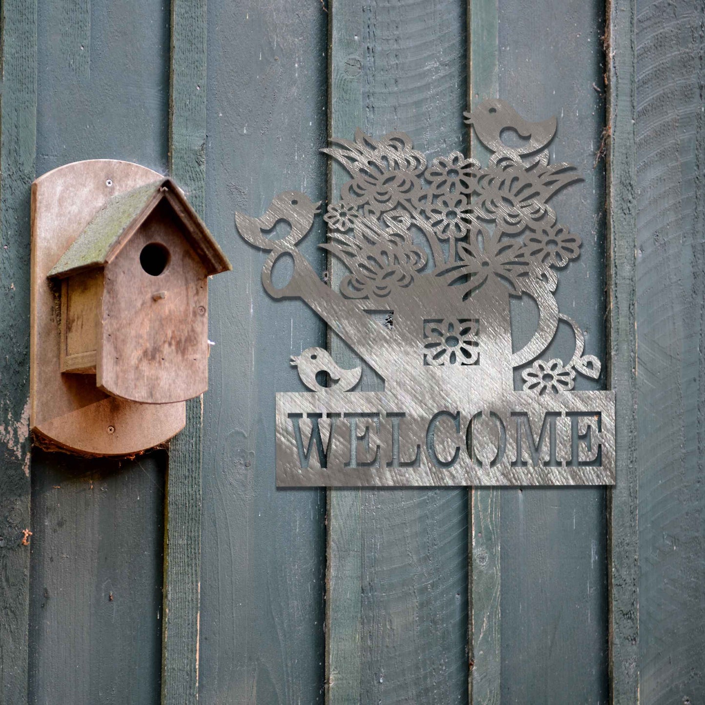 Rusted Metal Welcome Sign, Rusted Watering Can with Birds and Flowers