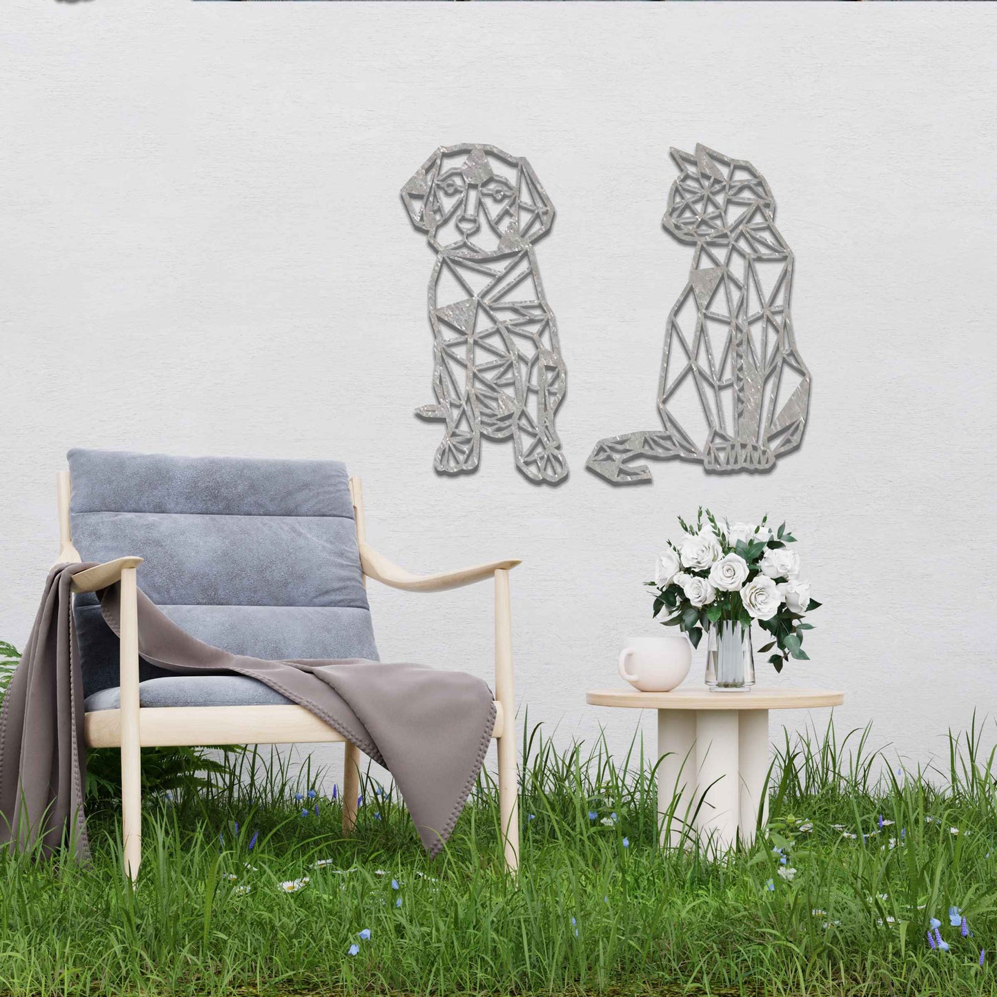 Geometric Dog And Cat Set Art, Rustic Dog Cat Decor, Rusty Gift for Garden