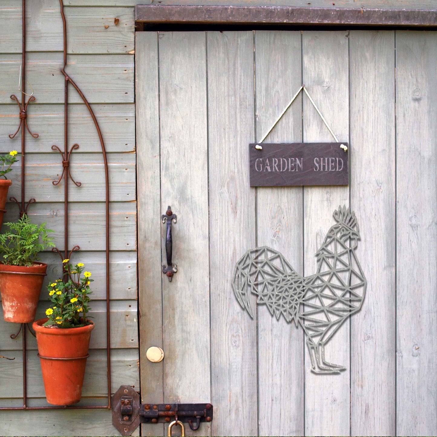 Rusty Rooster Decor, Geometric Metal Cockerel Garden Decor