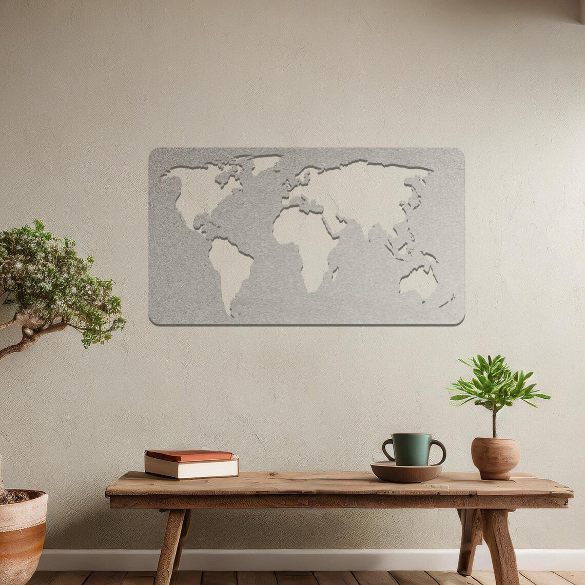 Metal World Map: Contemporary Rectangle Office or Modern Home Decor