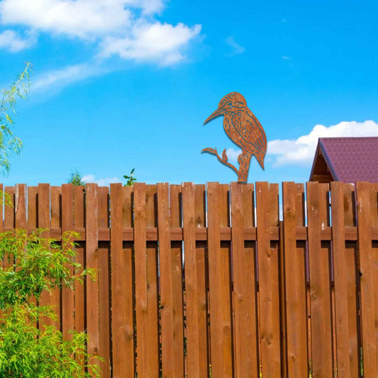 Rusty Metal Kingfisher Bird, Water Bird Garden Fence Topper, Yard Art