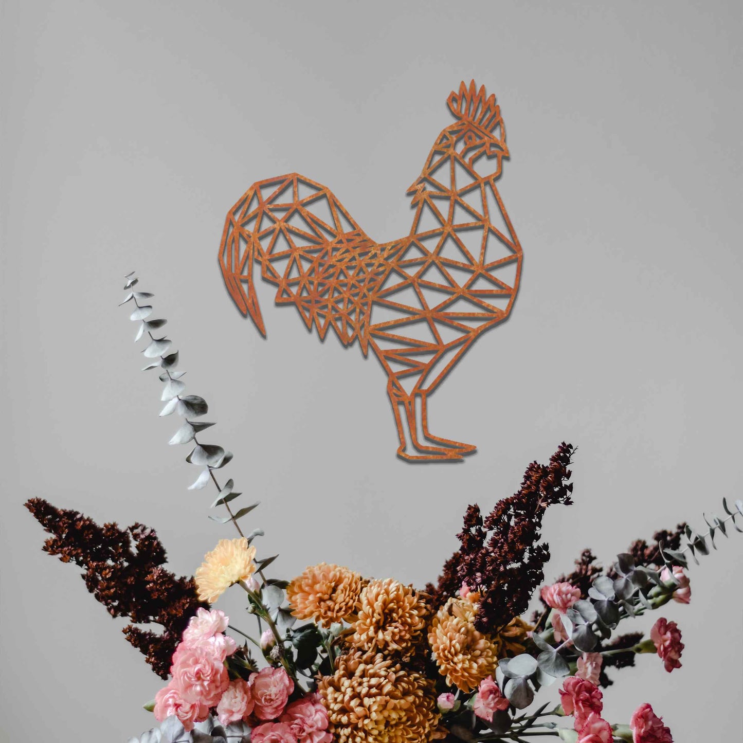 Rusty Rooster Decor, Geometric Metal Cockerel Garden Decor