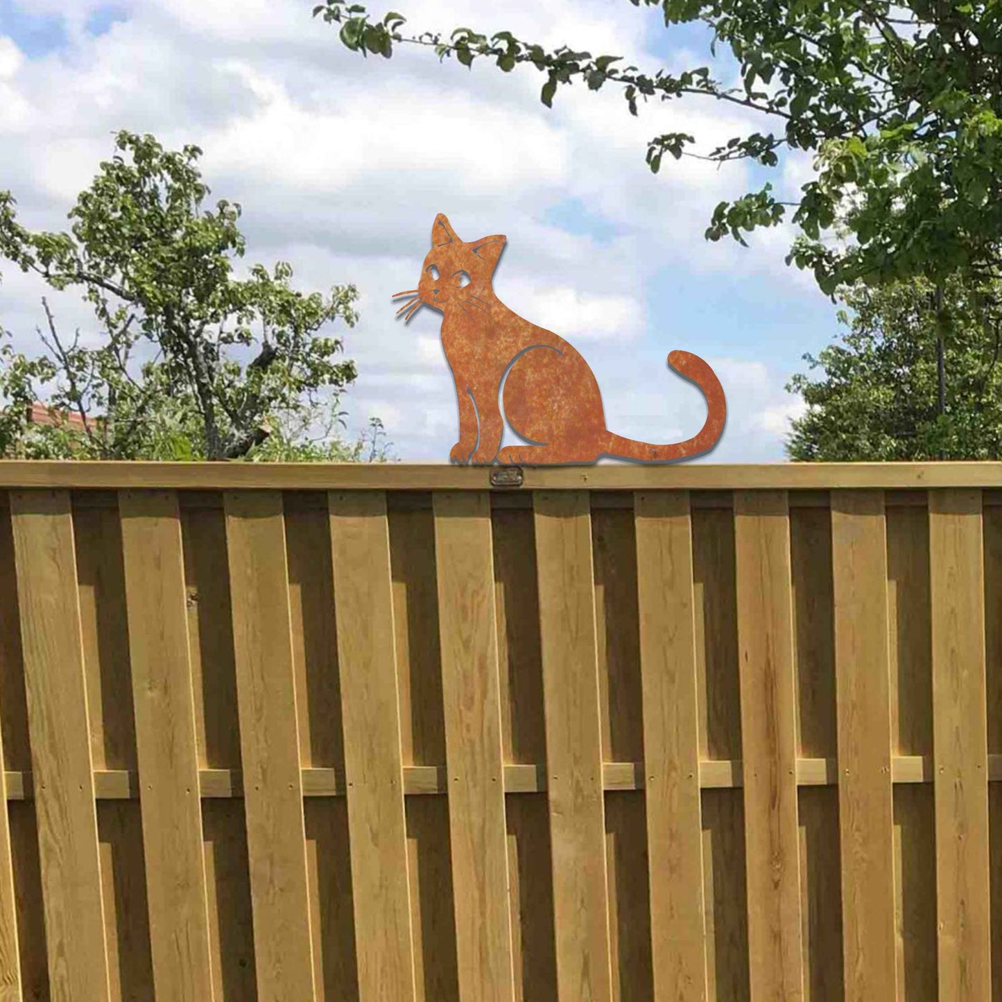 Rustic Rusty Metal Cat, Smiling Cat Fence Topper, Garden Metal Decor