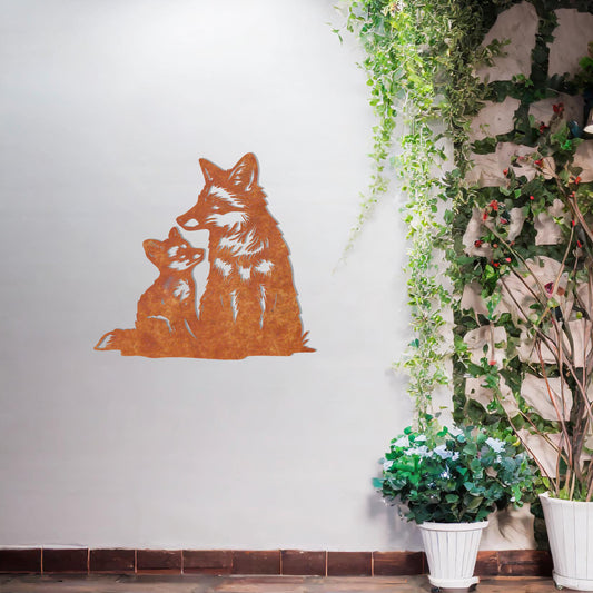 Charming Fox and Cub Metal Wall Art - Perfect Gift for Garden Decor Lovers