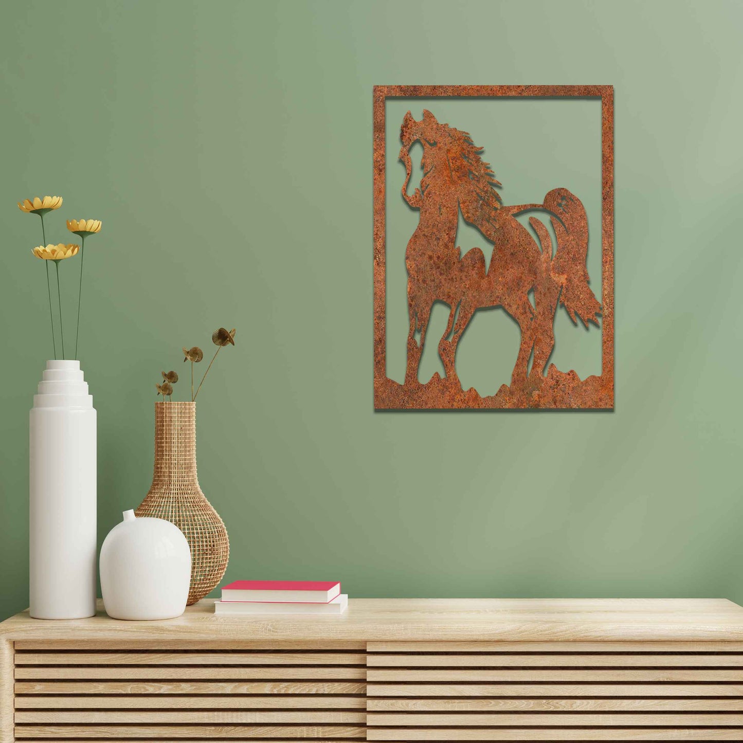 Rusted Metal Horse in Frame, Horse Wall Art, Rusted Garden Art