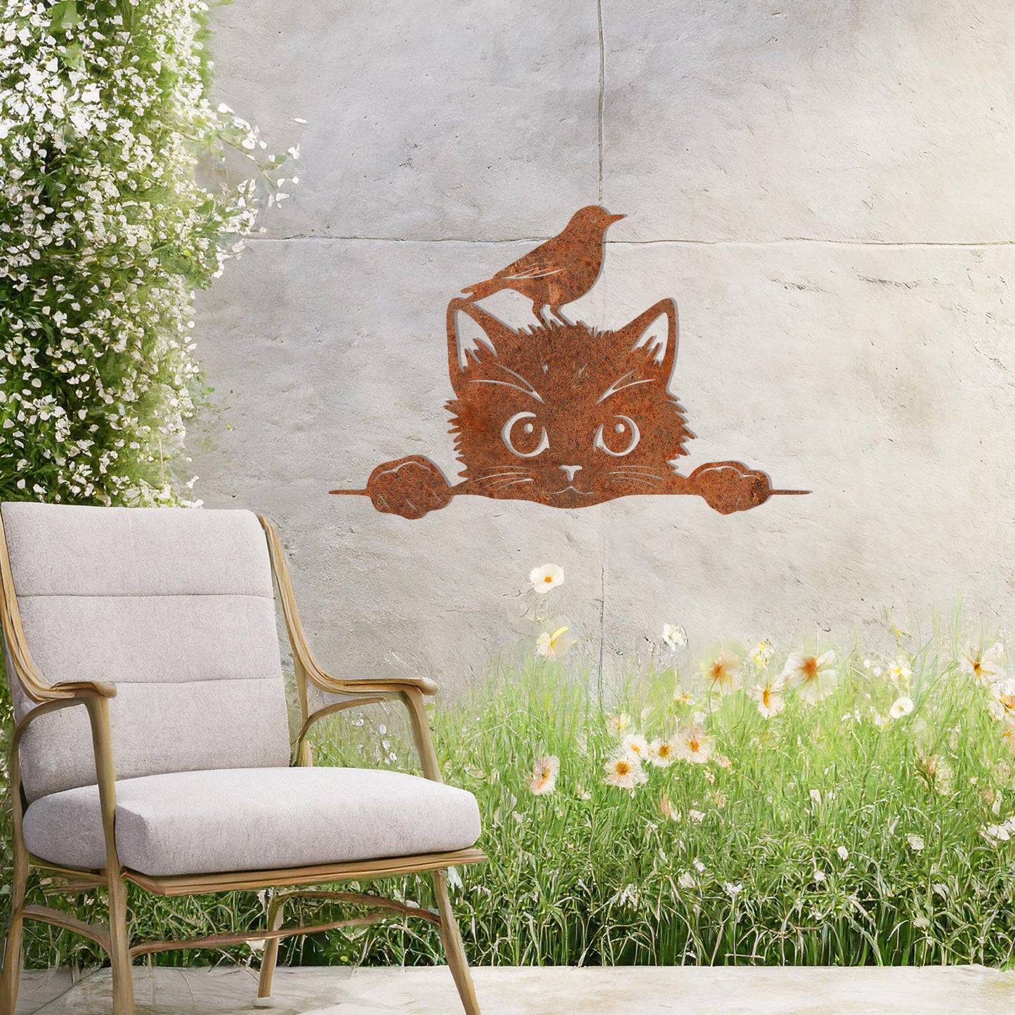 Playful Cat and Bird Metal Wall Art - Adorable Gift for Animal Lovers