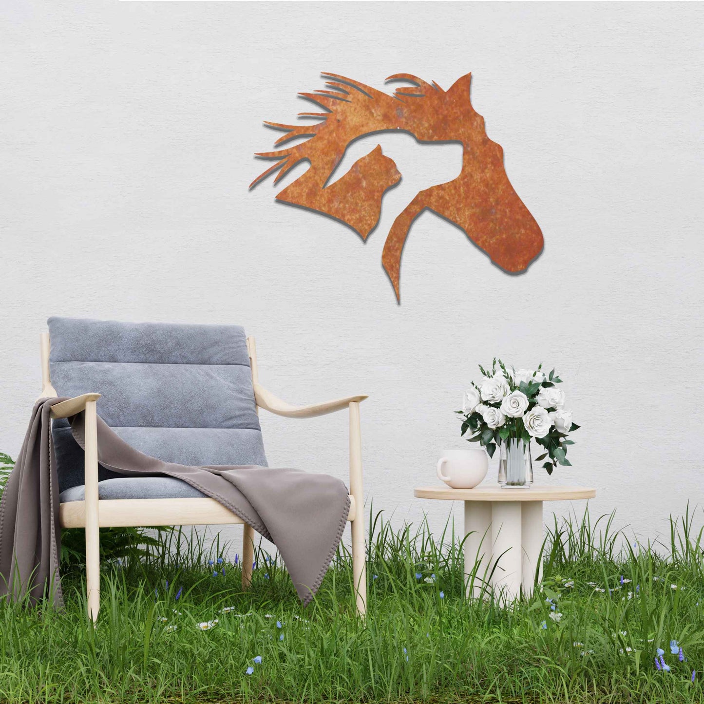 Rusted Metal Horse Dog Cat Scene, Animal Wall Art, Rusted Garden Art