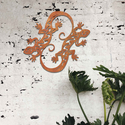 Rusty Metal Geckos Wall Decor, Geometric Gecko Garden Wall Sculpture