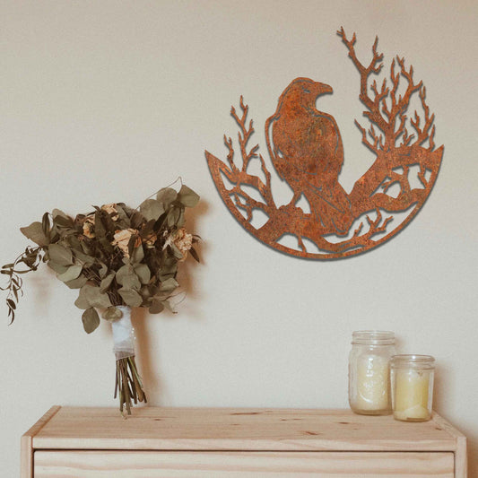 Rusty Metal Cawing Crow Art, Metal Raven Wall Decor, Rusted Bird Art