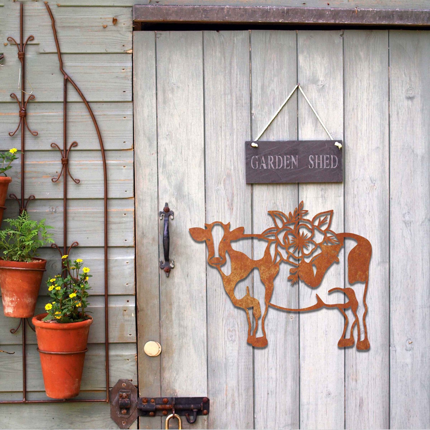 Cow Garden Decor, Cow with Flowers Gift, Rusty Metal Cow Art