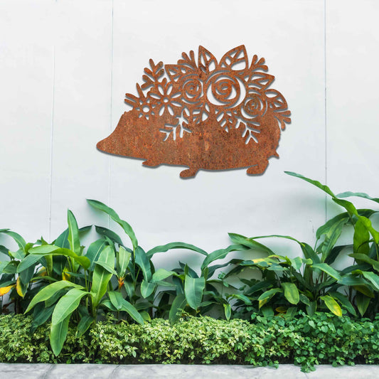 Rusted Metal Hedgehog with Flowers, Rusted Garden Art, Garden Ornaments