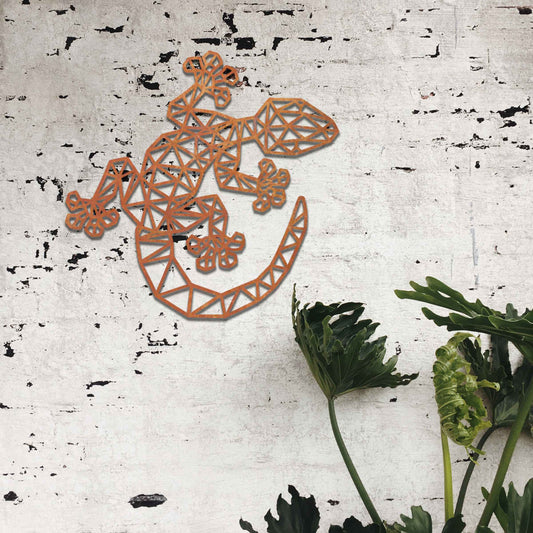 Rusty Metal Gecko Wall Decor, Geometric Gecko Garden Wall Sculpture