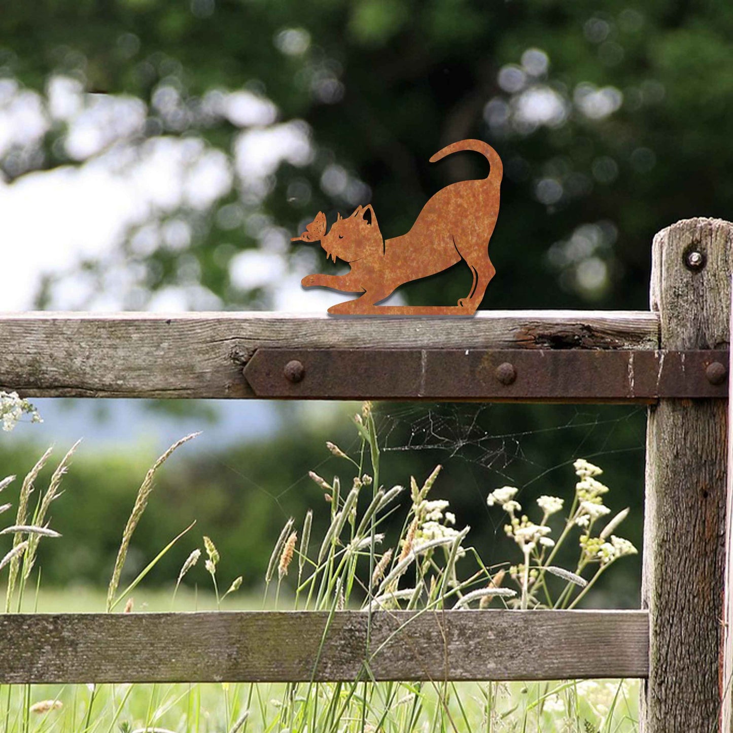 Rustic Rusty Metal Cat, Cat with Butterfly Fence Topper, Garden Metal Decor