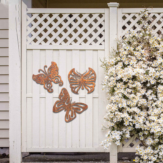 Set of 3 Rusted Metal Butterflies, Rusty Metal Garden Decor