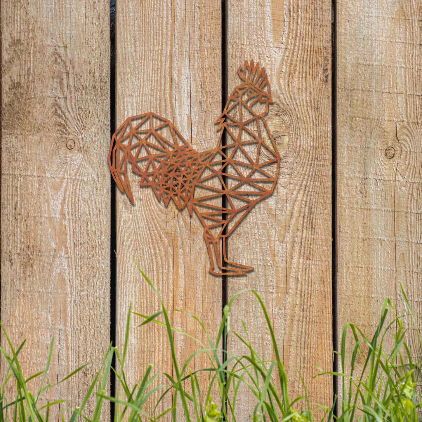 Rusty Rooster Decor, Geometric Metal Cockerel Garden Decor