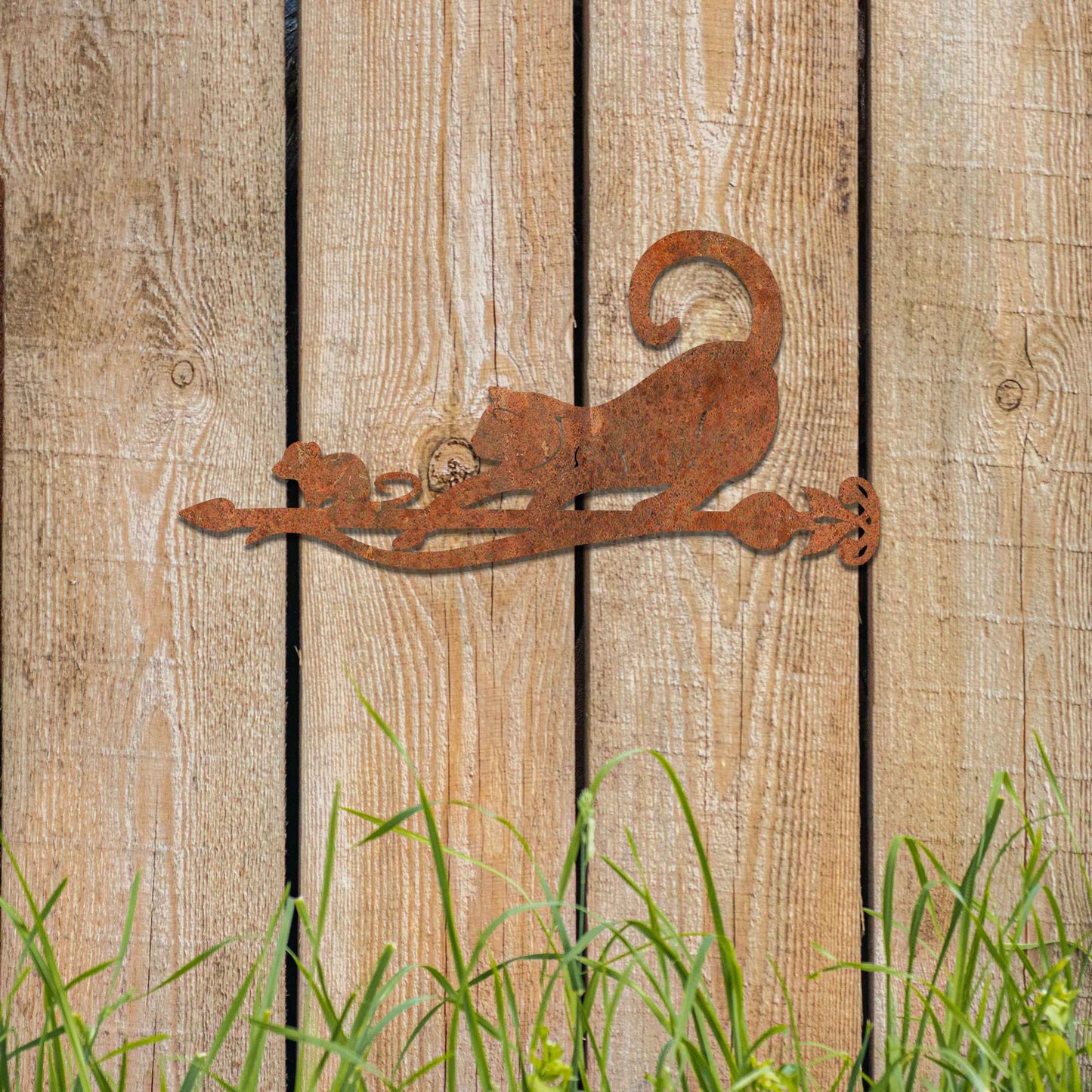 Rusty Metal Cat Chasing Mouse Garden Decor, Playful Cat Garden Gift