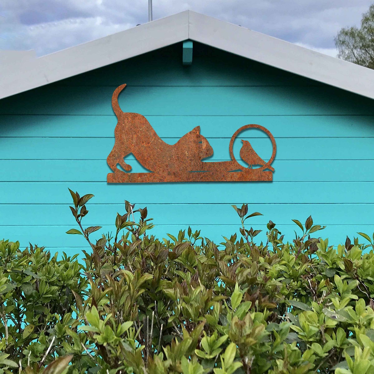 Rusty Metal Cat and Bird Garden Decor, Playful Cat Garden Gift