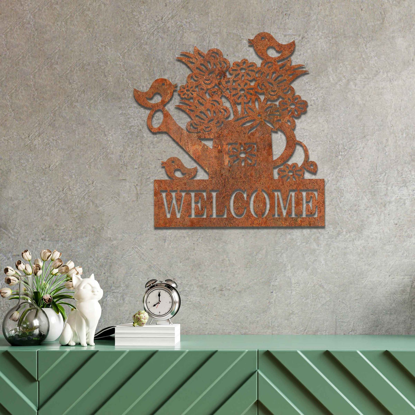 Rusted Metal Welcome Sign, Rusted Watering Can with Birds and Flowers