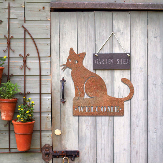 Metal Cat Welcome Sign Decor, Rusty Metal Wall Art, Metal Cat House Plaque