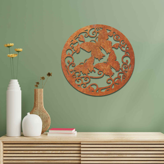 Round Metal Butterfly Art with Flowers, Rustic Butterfly gift, Rusty Decor