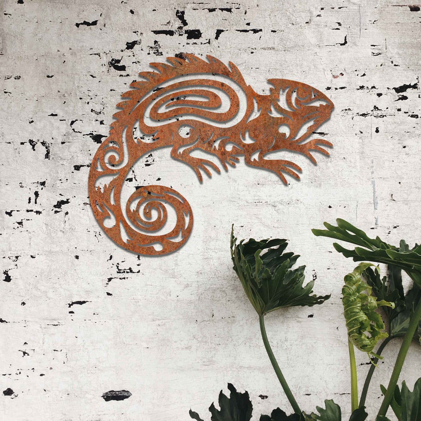 Rusty Metal Chameleon Decor, Geometric Gecko Garden Art