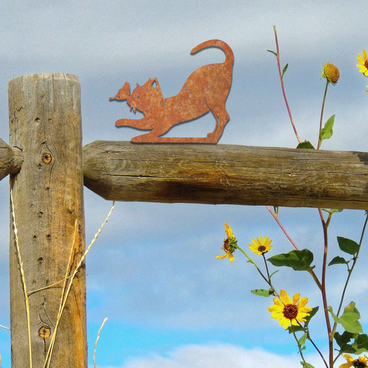 Rustic Rusty Metal Cat, Cat with Butterfly Fence Topper, Garden Metal Decor