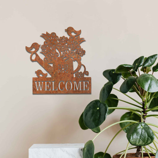 Rusted Metal Welcome Sign, Rusted Watering Can with Birds and Flowers