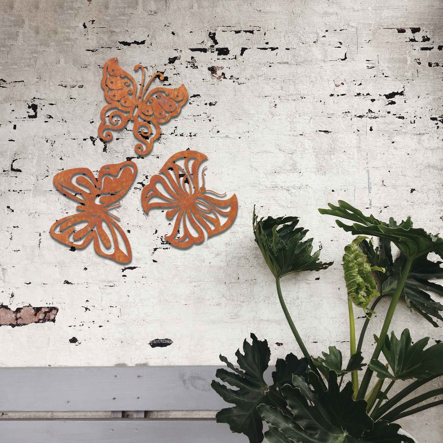 Set of 3 Rusted Metal Butterflies, Rusty Metal Garden Decor