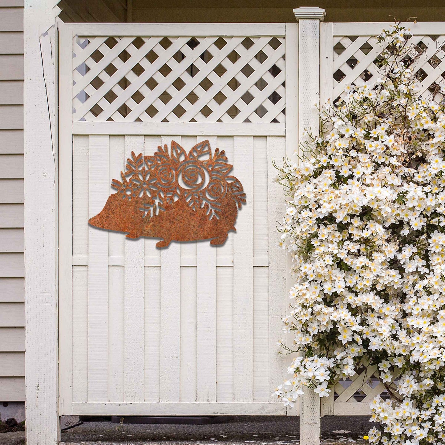 Rusted Metal Hedgehog with Flowers, Rusted Garden Art, Garden Ornaments