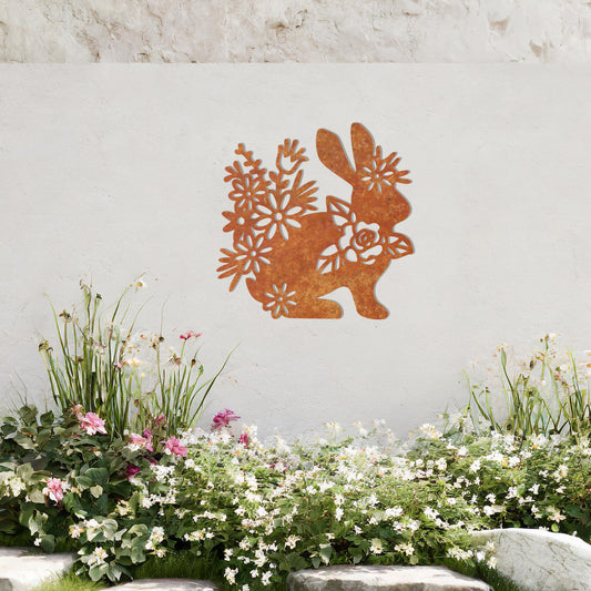 Floral Bunny Metal Wall Art - Charming Garden Decor Gift for Mom