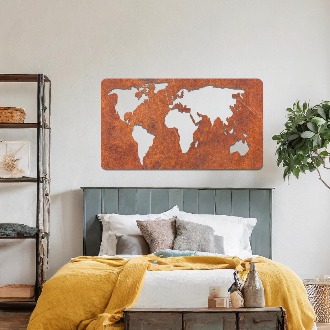 Metal World Map: Contemporary Rectangle Office or Modern Home Decor