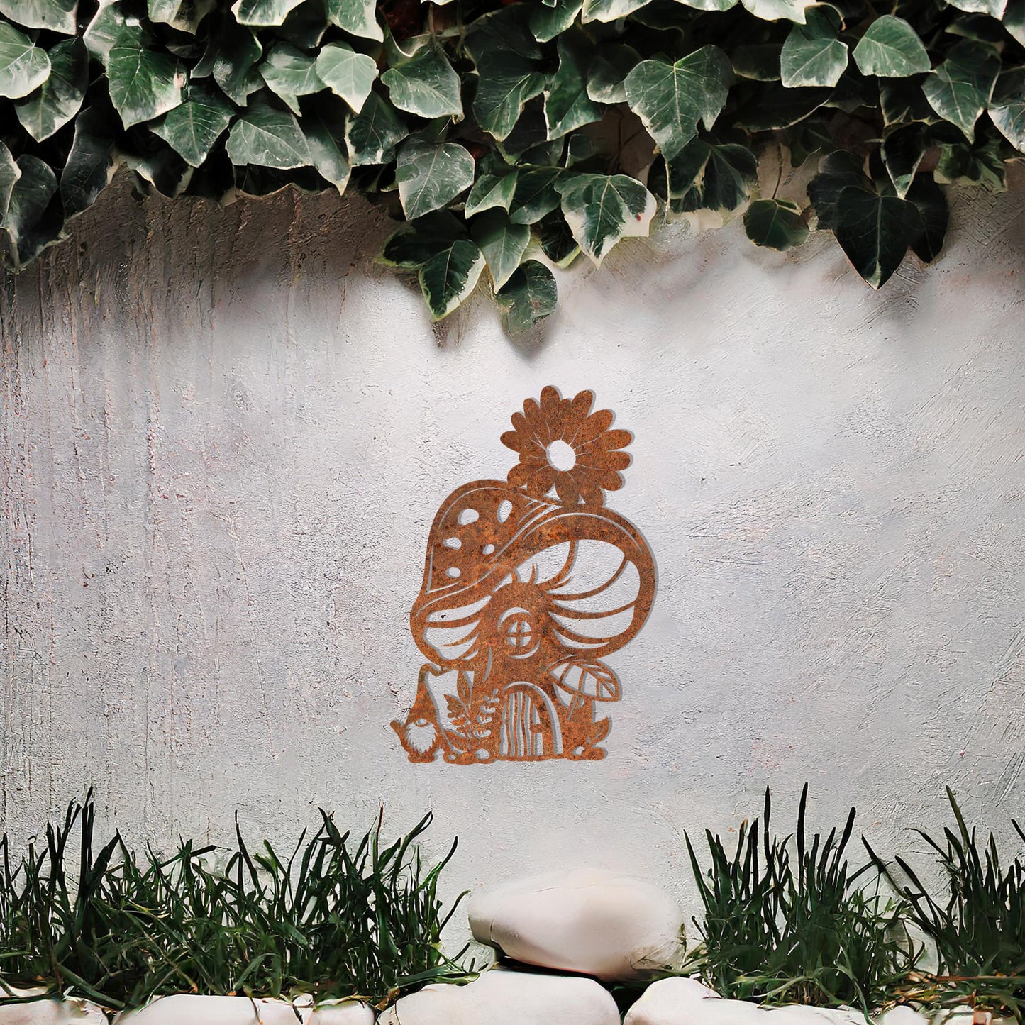 Gnome’s Mushroom House Metal Garden Art - Quirky Outdoor Wall Decor