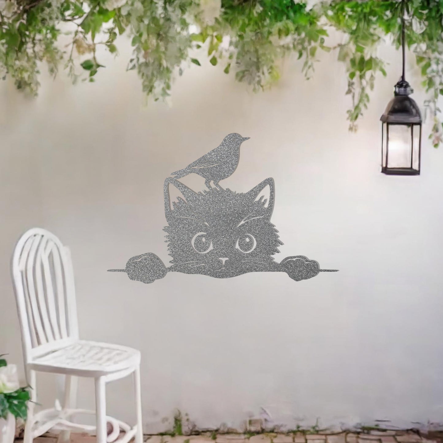 Playful Cat and Bird Metal Wall Art - Adorable Gift for Animal Lovers