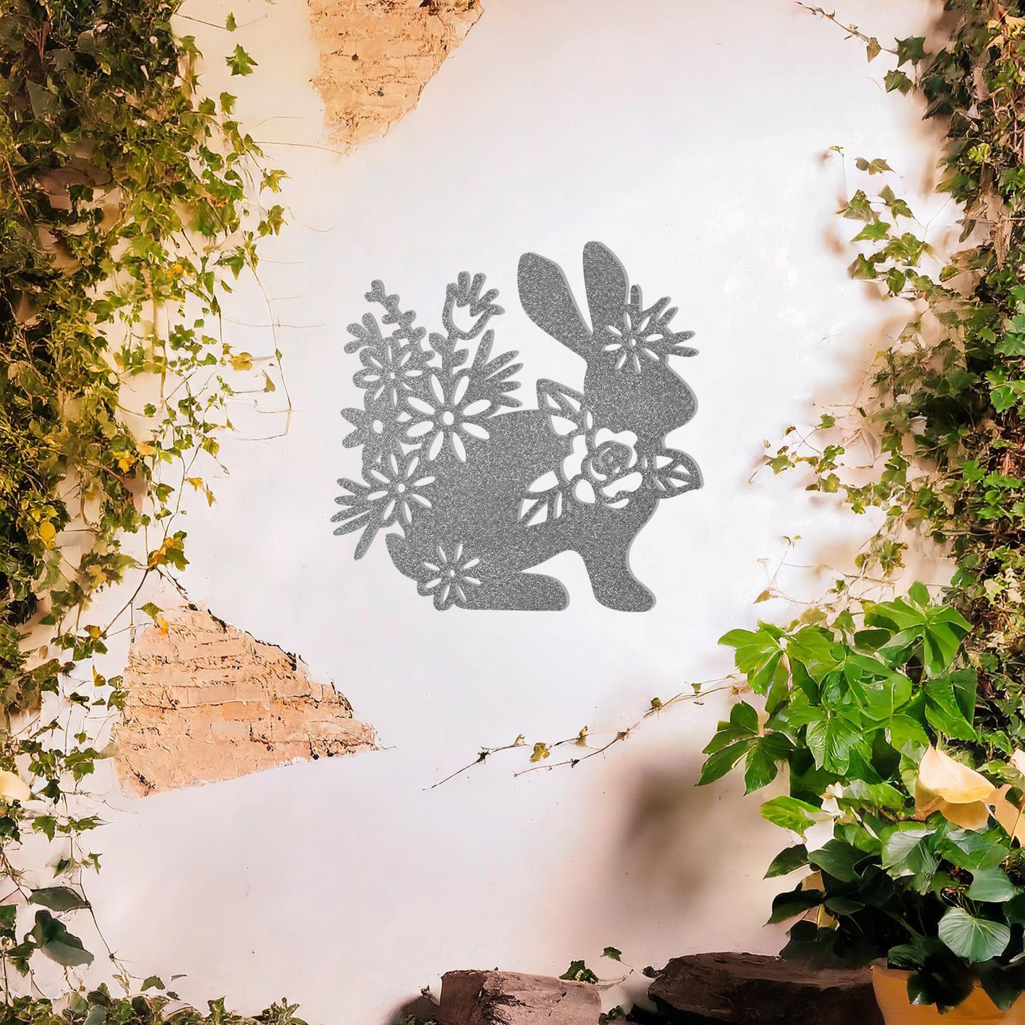 Floral Bunny Metal Wall Art - Charming Garden Decor Gift for Mom